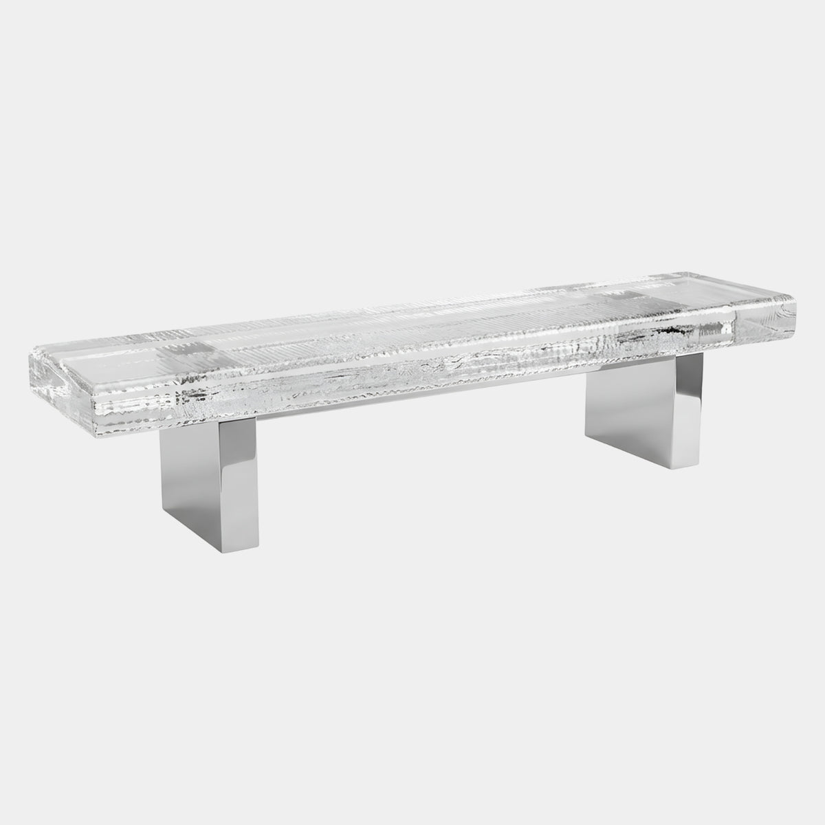 Clear Chopped Face Acrylic Bench on Plate Legs (240cm) by Giant Sculptures, textured acrylic slab seat on polished silver metal legs, shown on a plain white background.