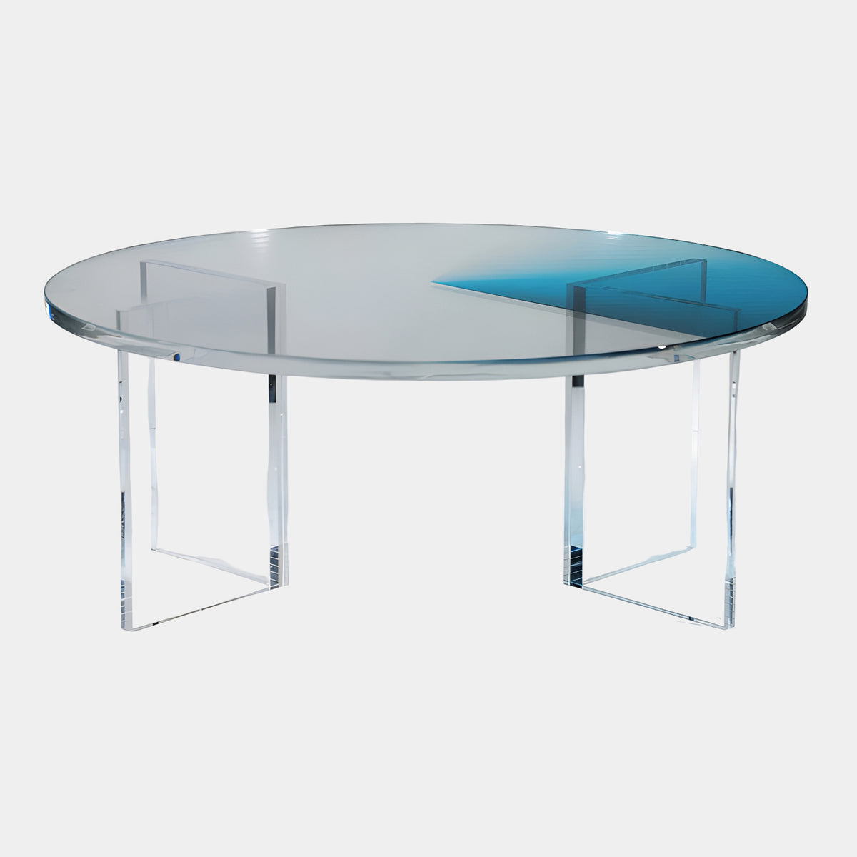 Clear Acrylic Low Table with Blue Wash on Panel Legs - 80cm, round acrylic top with blue wash on one side, clear panel legs, on a plain white background.