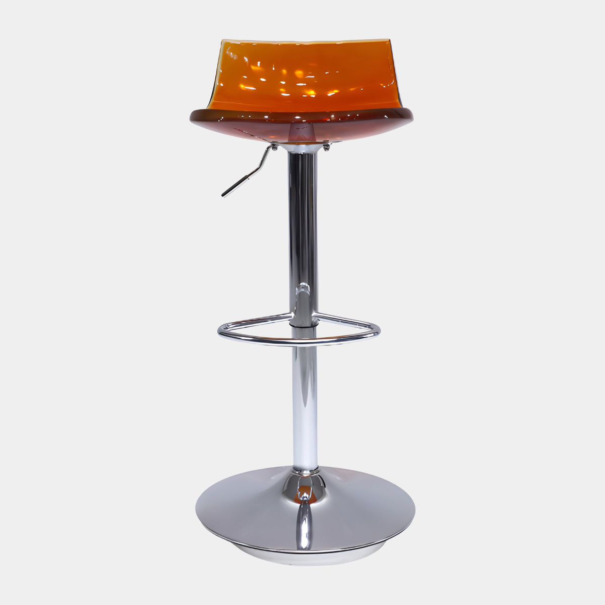 Orange Resin Seat Bar Stool on Chromed Column (90cm) with dished amber seat, chrome footrest ring and round base, shown on a plain white background.