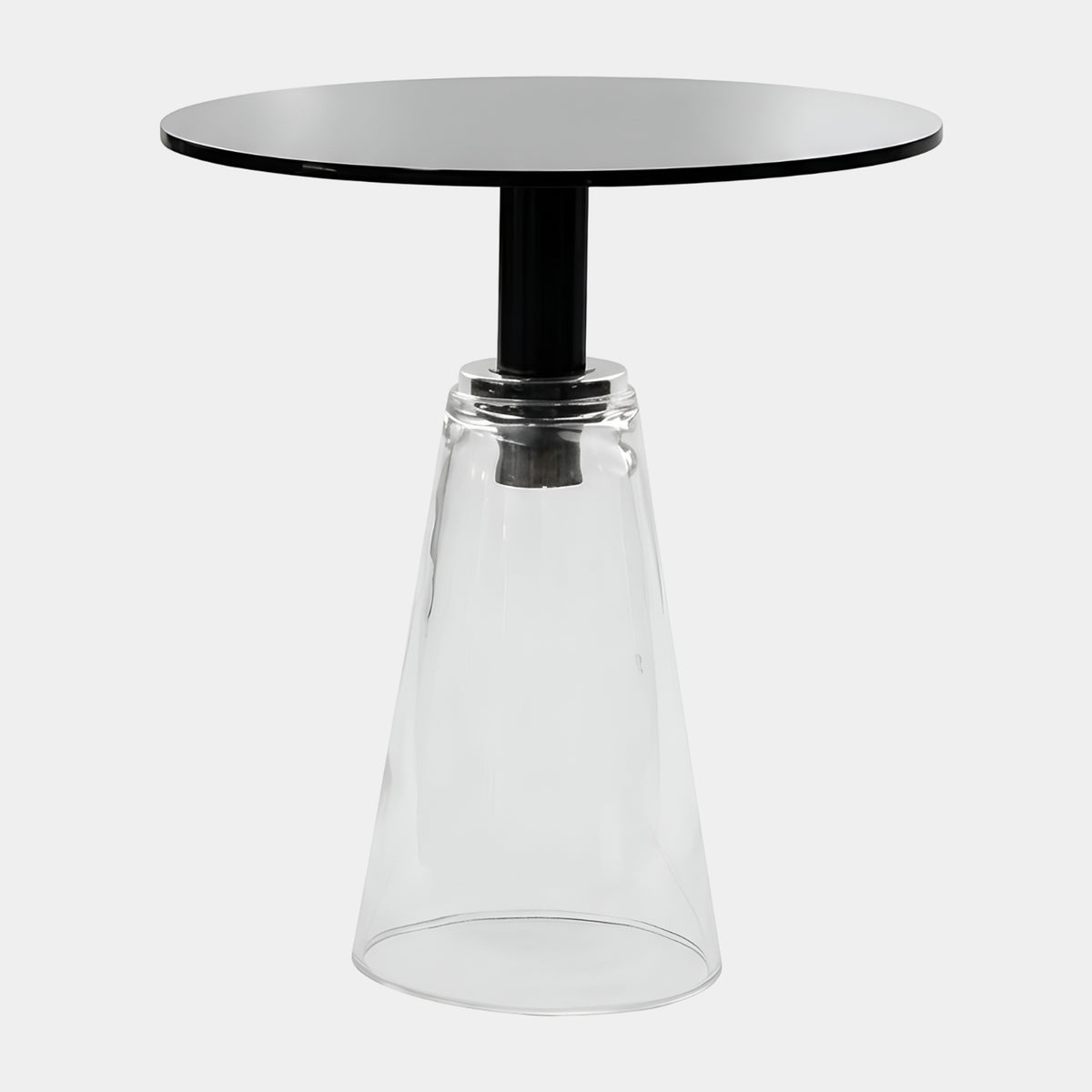 Black Disc Top Acrylic Dining Table on Clear Cone, 65cm, with round black top on black stem over a flared clear acrylic base, shown on a plain white background.