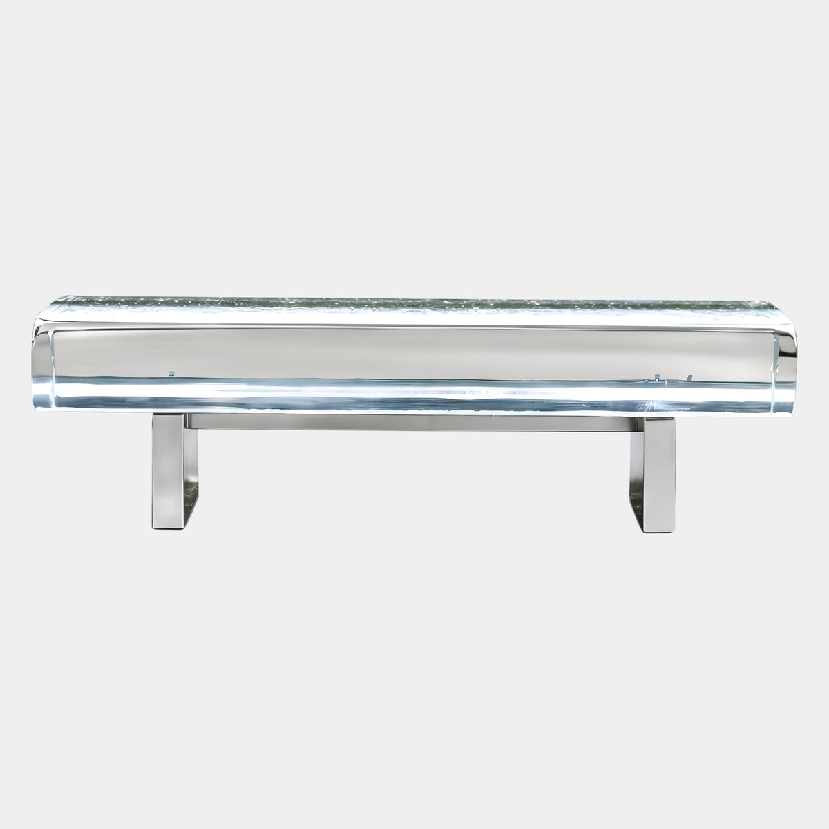 Clear Drip Carved Acrylic Bench on Mirror Blades (140cm) by Giant Sculptures, featuring a drip-textured clear acrylic seat on two polished stainless steel blade legs, shown against a plain white background.
