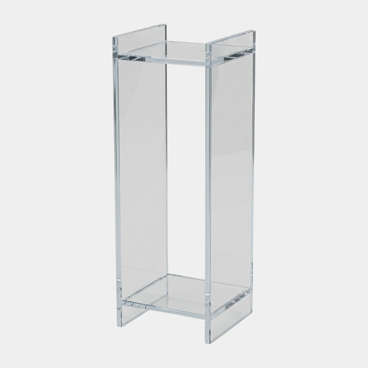 Clear Slender Column Acrylic Display Plinth - 95cm, an open-box design with interlocking tabbed corners, shown on a plain light grey background.