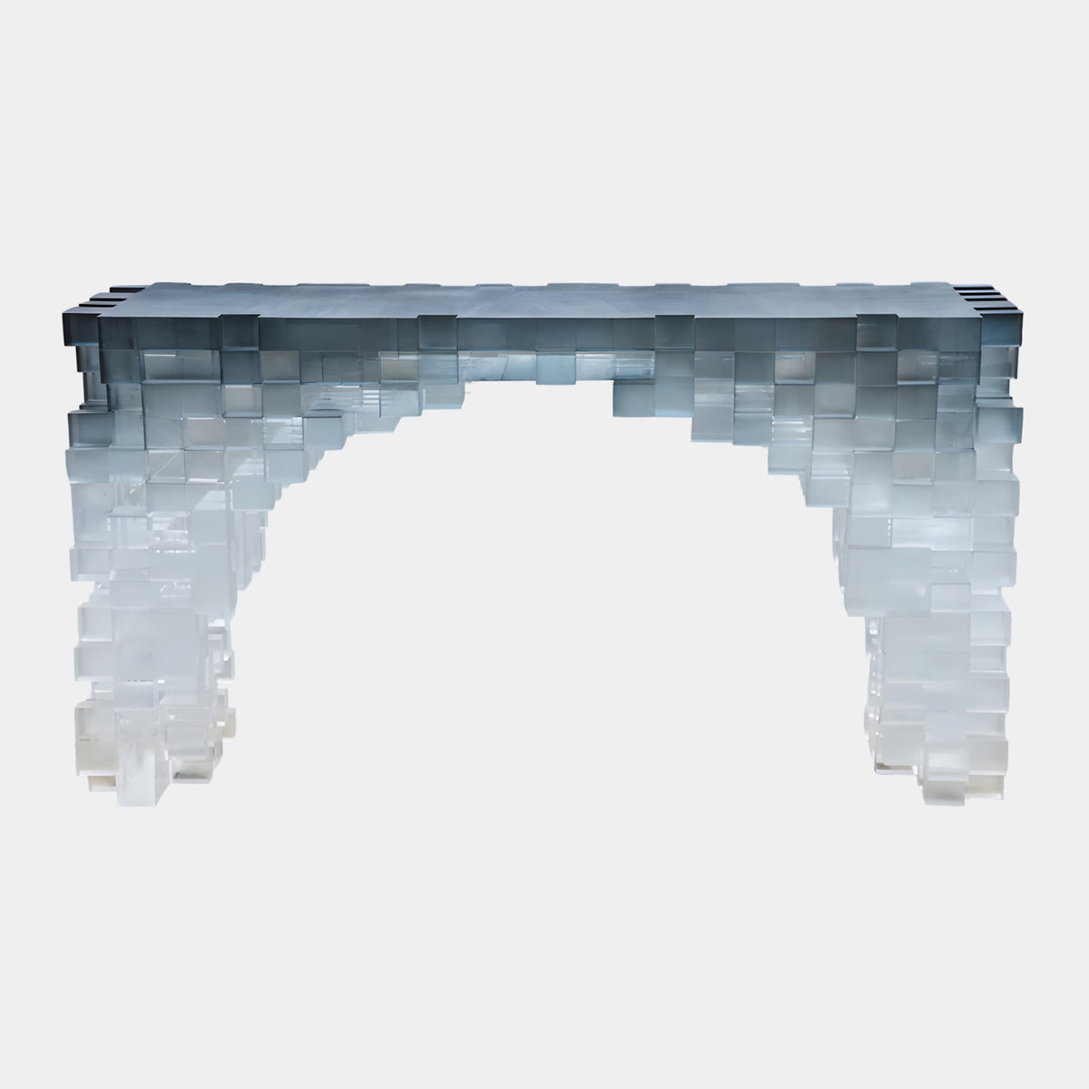 Slate Grey to Clear Stacked Cube Acrylic Console Table, 139cm, with pixelated cube legs forming a stepped arch, fading from slate grey to clear, on a plain white background.
