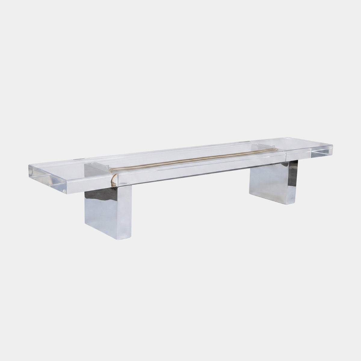Clear Acrylic Slab Bench on Polished Steel Legs, 300cm, with a transparent seat on mirror-polished stainless steel legs, shown on a plain white background.
