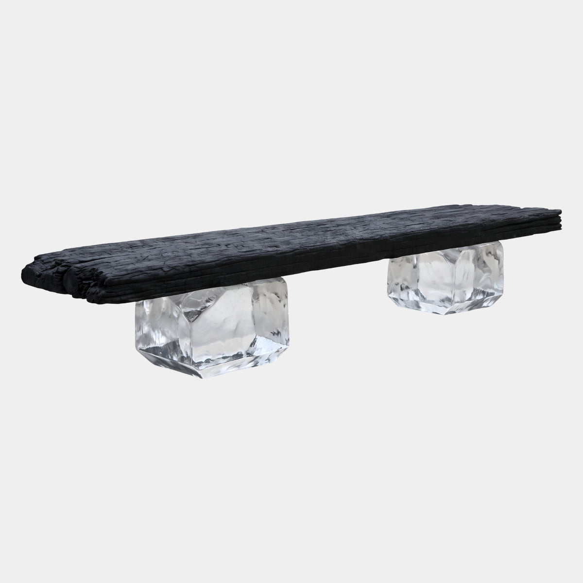 Black Charred Timber Plank Bench on Resin Blocks - 330cm