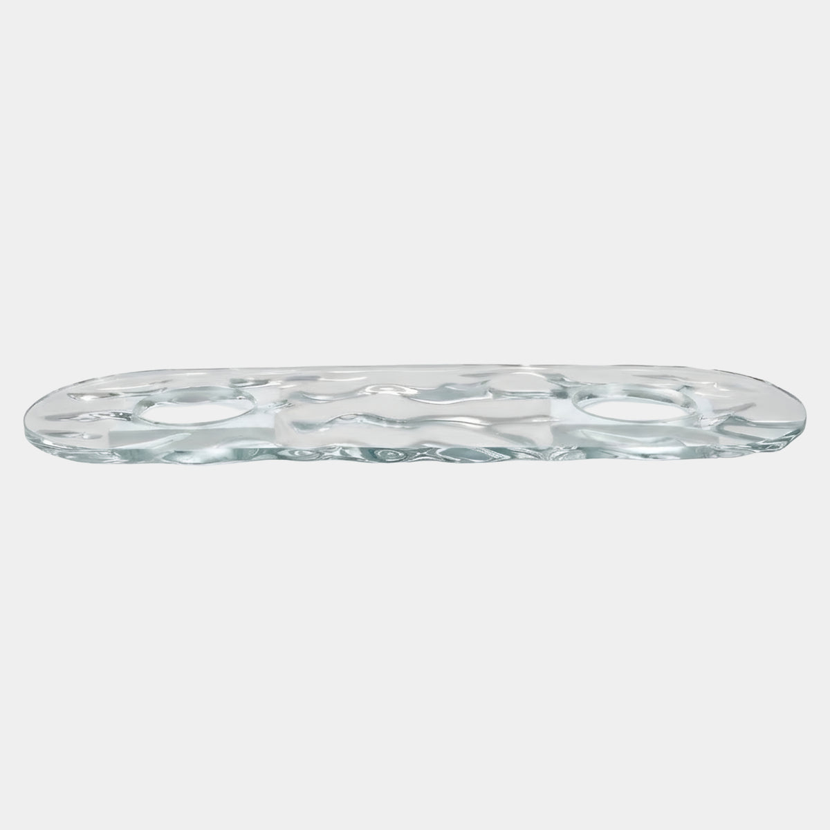 Clear Rippled Dished Acrylic Tabletop (230cm) by Giant Sculptures, long oval slab with rippled surface and two round sunken dishes, shown on a plain white background.
