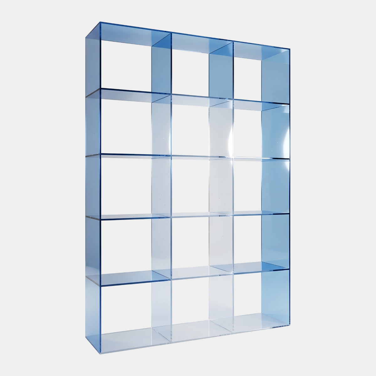 Pale Blue Three Bay Acrylic Shelving Unit - 240cm, a 15-compartment grid in tinted blue acrylic, shown at an angle on a plain light grey background.