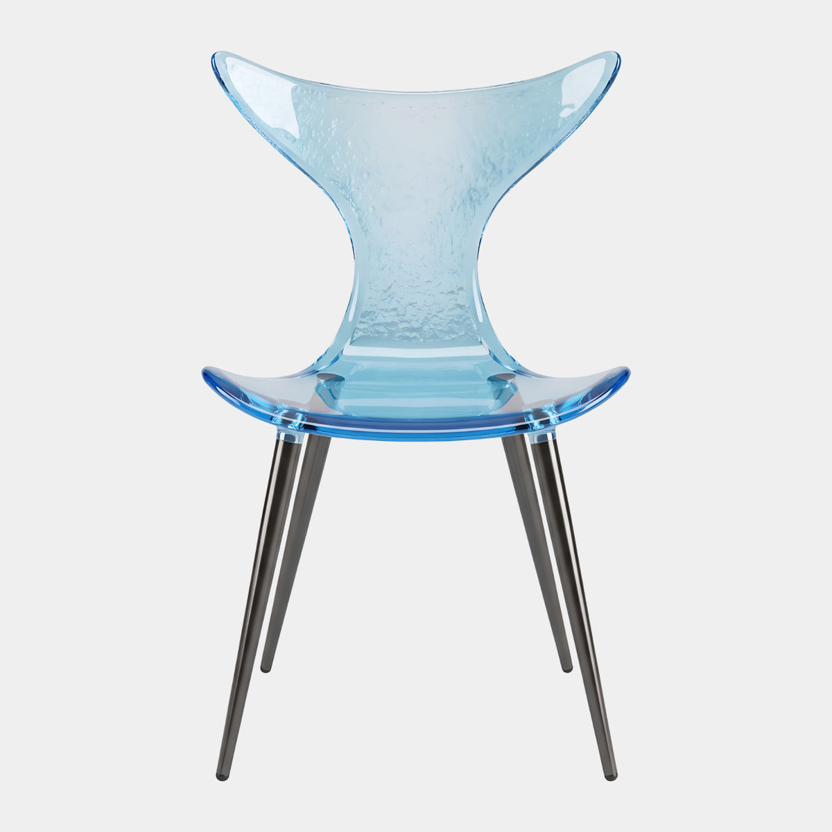 Pale Blue Winged Shell Acrylic Dining Chair, 82cm, with dished seat and splayed black metal legs, shown against a plain light grey background.