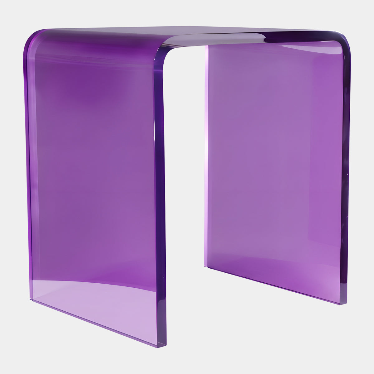 Purple Graded Upturned U Acrylic Side Table, 50cm, molded in one seamless curved piece with color fading from deep purple to pale, on a plain white background.