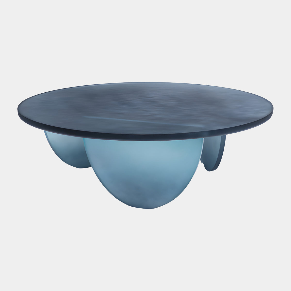 Blue Grey Disc Acrylic Low Table on Frosted Domes, 100cm, with a matt dark blue-grey round top resting on four pale teal half-sphere legs, shown on a plain white background.