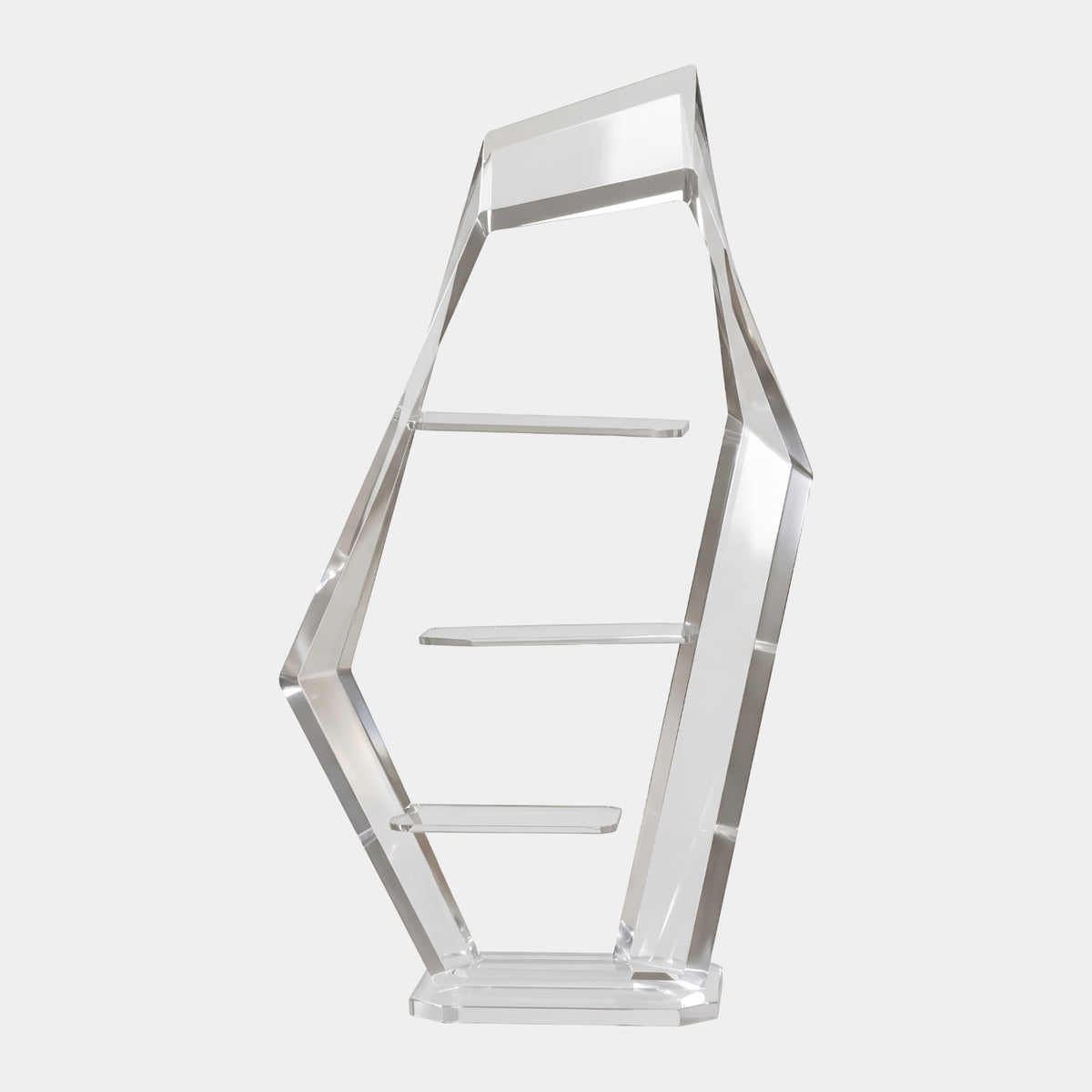 Clear Faceted Frame Acrylic Display Stand, 50cm, with three cantilevered shelves inside a geometric clear frame on a small base, shown on a plain white background.