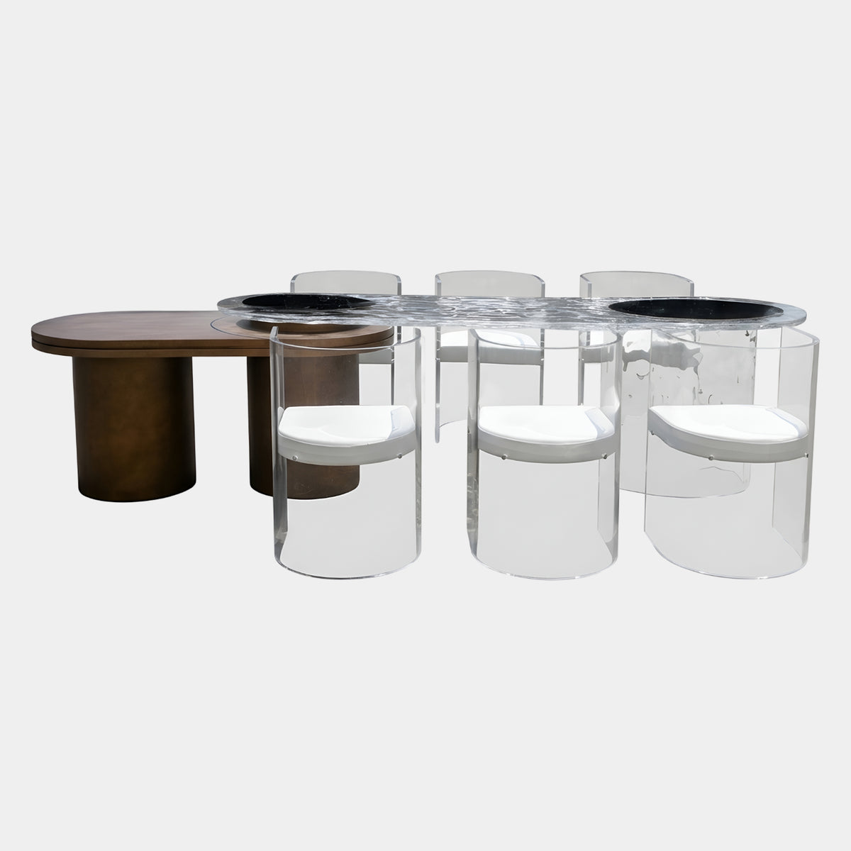 Clear Rippled Top & Bronze Steel Acrylic Dining Table with Six Chairs, 350cm, featuring clear acrylic cylindrical legs and white cushioned seats on a plain white background.