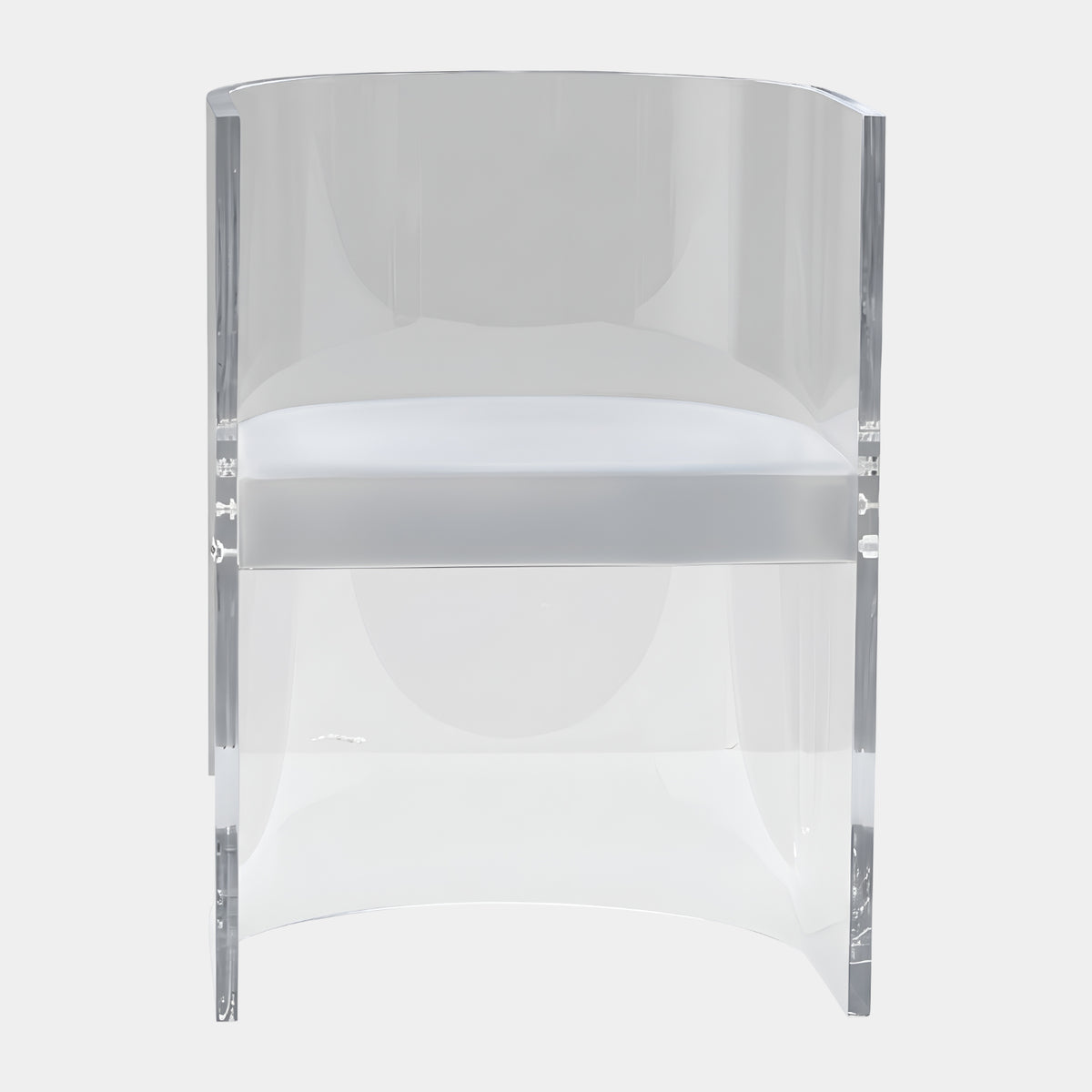 Clear Curved Band Acrylic Tub Armchair with Cushion (78cm) in clear acrylic with a white seat cushion, shown front-facing on a plain white background.