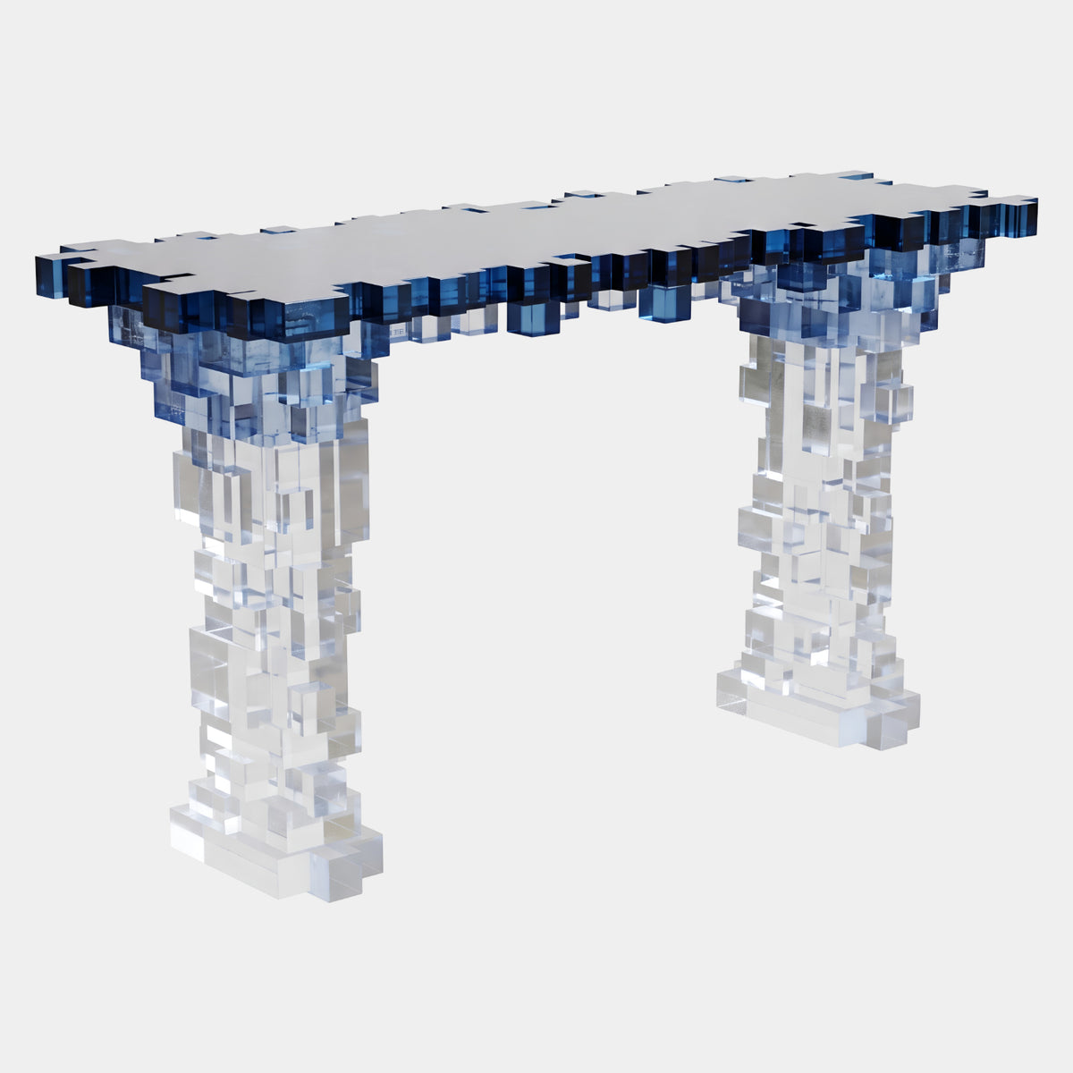 Blue & Clear Cube Massed Acrylic Console Table (170cm) with a pixelated cube top in blue fading to clear, supported by two clear cube legs, on a plain white background.
