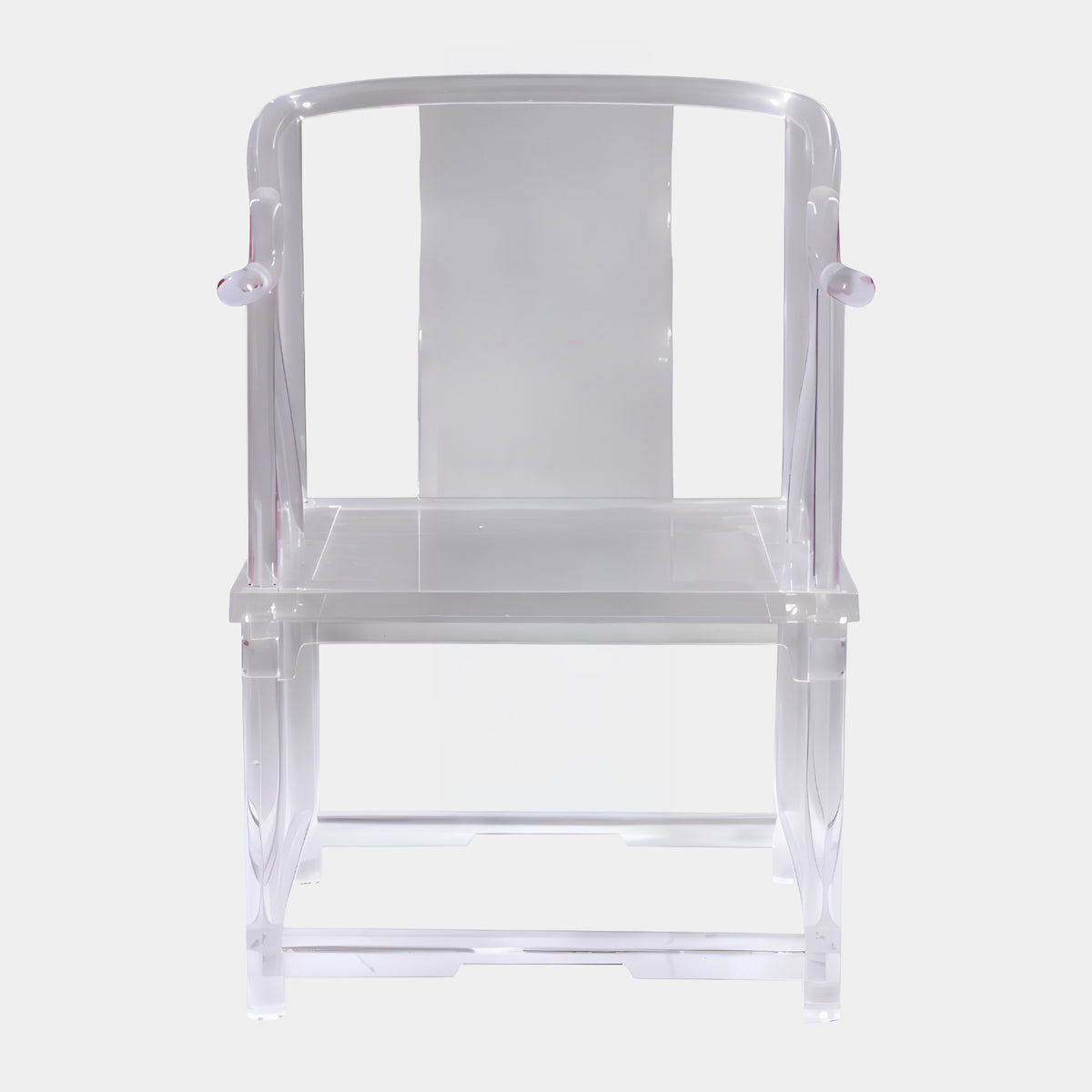 Clear Horseshoe Crest Acrylic Armchair (94cm) by Giant Sculptures, front view showing continuous curved back and arms on a square seat frame, plain white background.