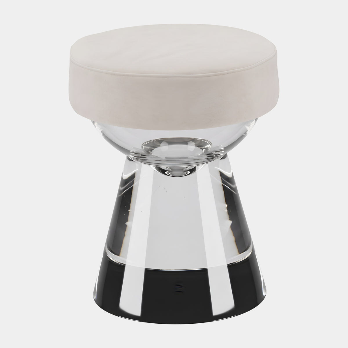Cream Pad & Clear Dome Acrylic Stool, 45cm, with a cream upholstered pad atop a clear dome and cone base, shown on a plain white background.