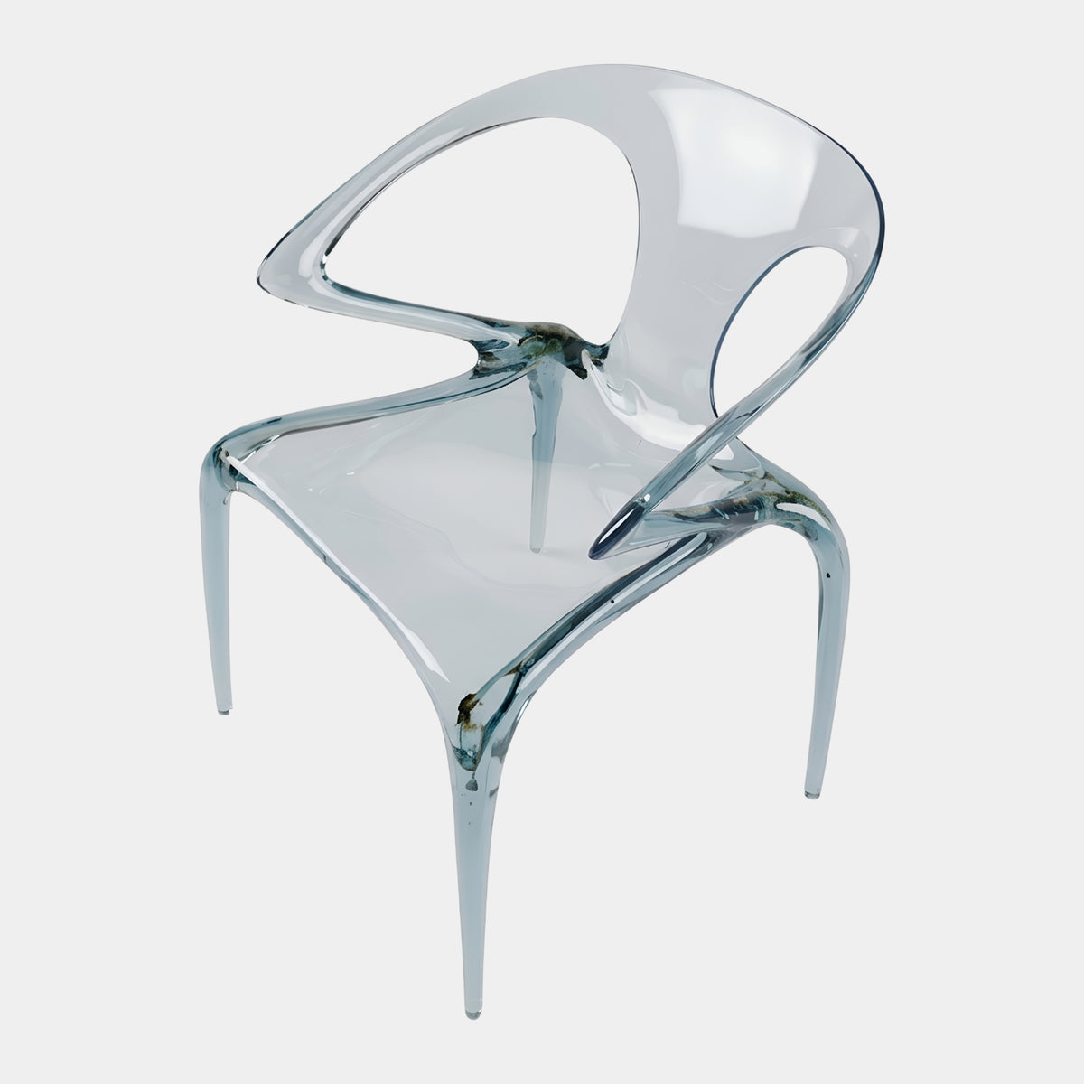 Clear Scoop Shell Knuckled Leg Acrylic Chair - 80cm by Giant Sculptures, a one-piece pale blue tinted acrylic seat and back on four tapered knuckled legs, shown on a plain white background.