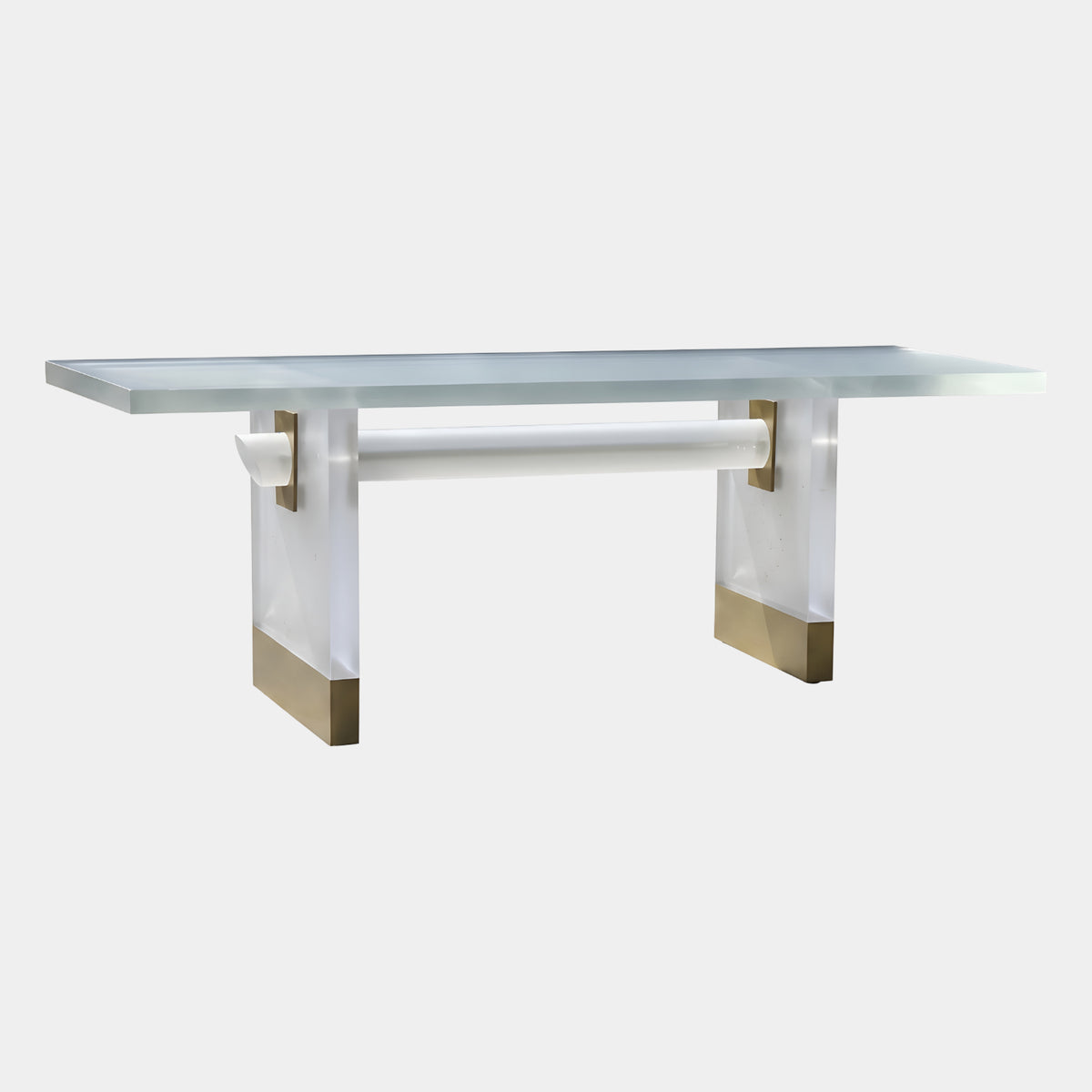 White Frosted Top Brass-Strapped Trestle Console, 230cm, with acrylic top, white legs, brass shoe accents, and round stretcher, shown on a plain white background.