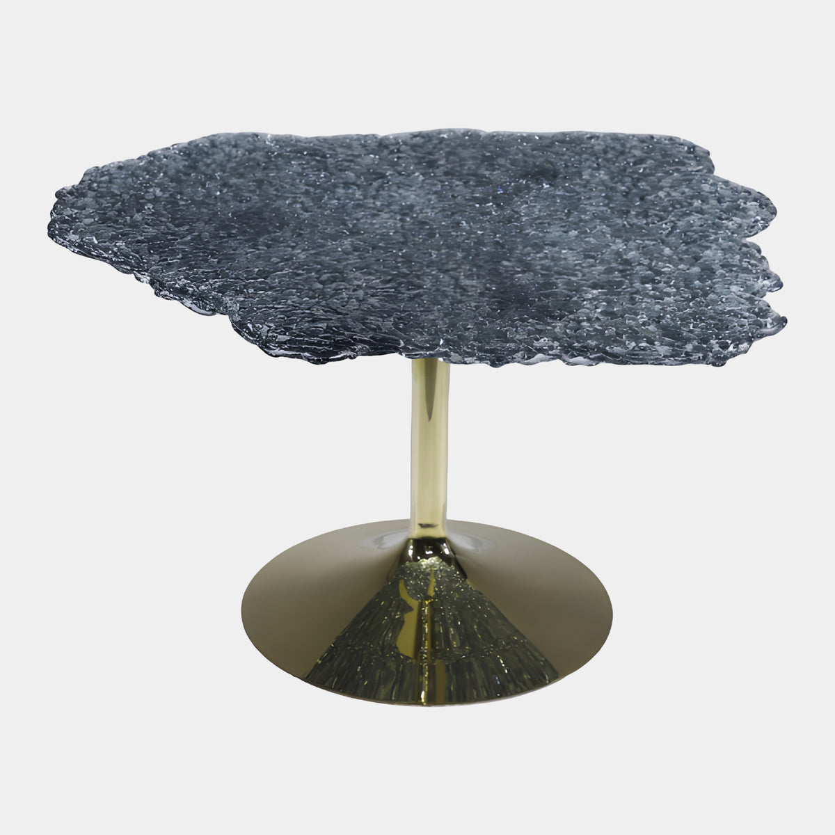 Grey Bubbled Free-Form Top Gold Stem Low Table, 82cm, with acrylic organic-edge top on a gold trumpet stem and round base, shown on a plain white background.