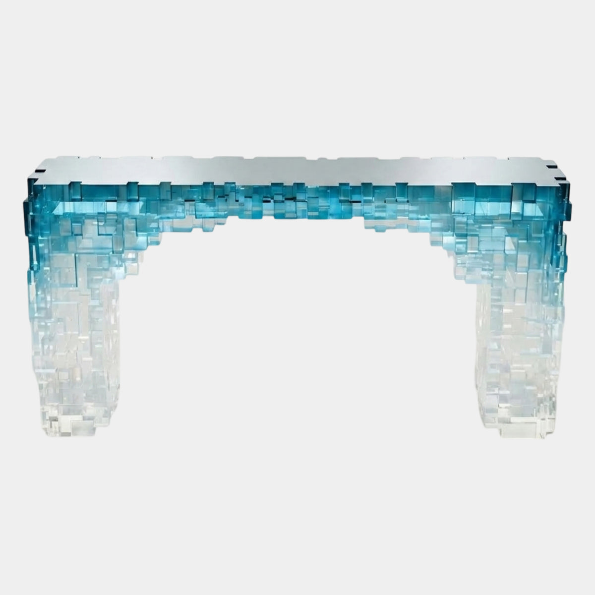 Blue Graded Cube-Massed Acrylic Console - 180cm, with arched legs built from stacked cubes fading from deep blue at the top to clear at the base, shown on a plain white background.