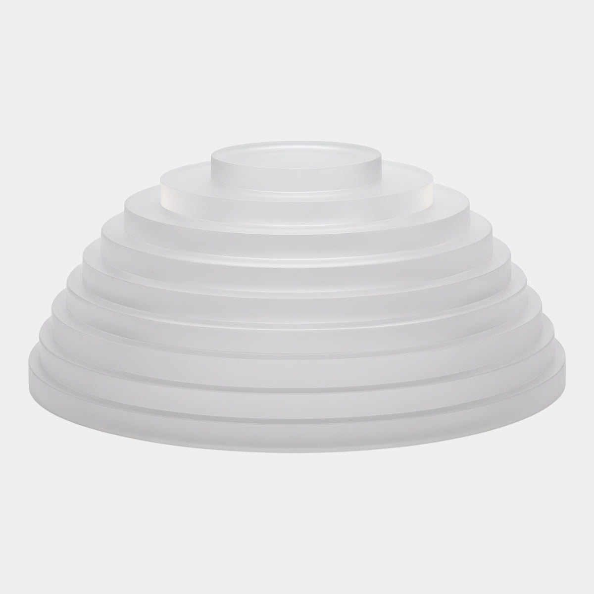 Frosted White Stepped Low Dome Acrylic Sculpture - 24cm, with concentric stepped discs rising to a small raised crown, shown on a plain light background.