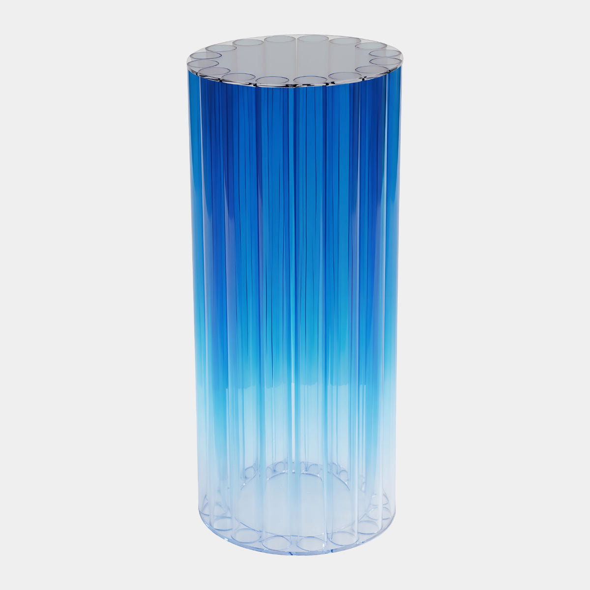 Blue Graded Tube Column Acrylic Plinth, 105cm, made of upright clear acrylic tubes graded from deep blue at top to clear at base, shown on a plain white background.