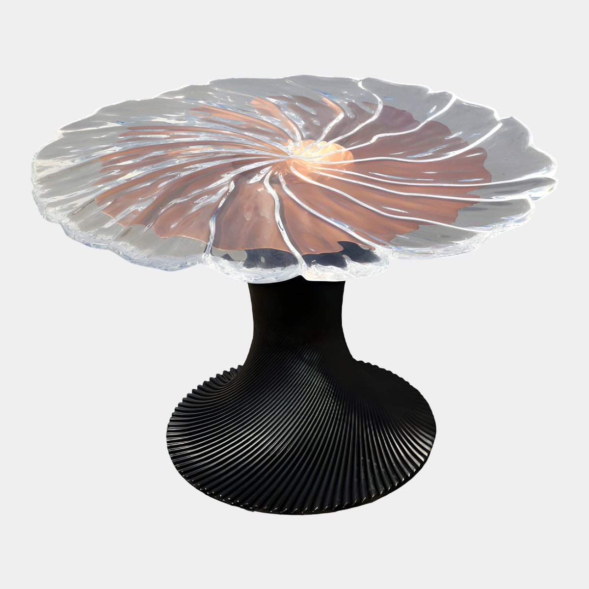 Terracotta Flower Top Black Ribbed Base Dining Table - 120cm with a scalloped petal-shaped top fading from terracotta to white, on a ribbed black base, shown on a plain background.