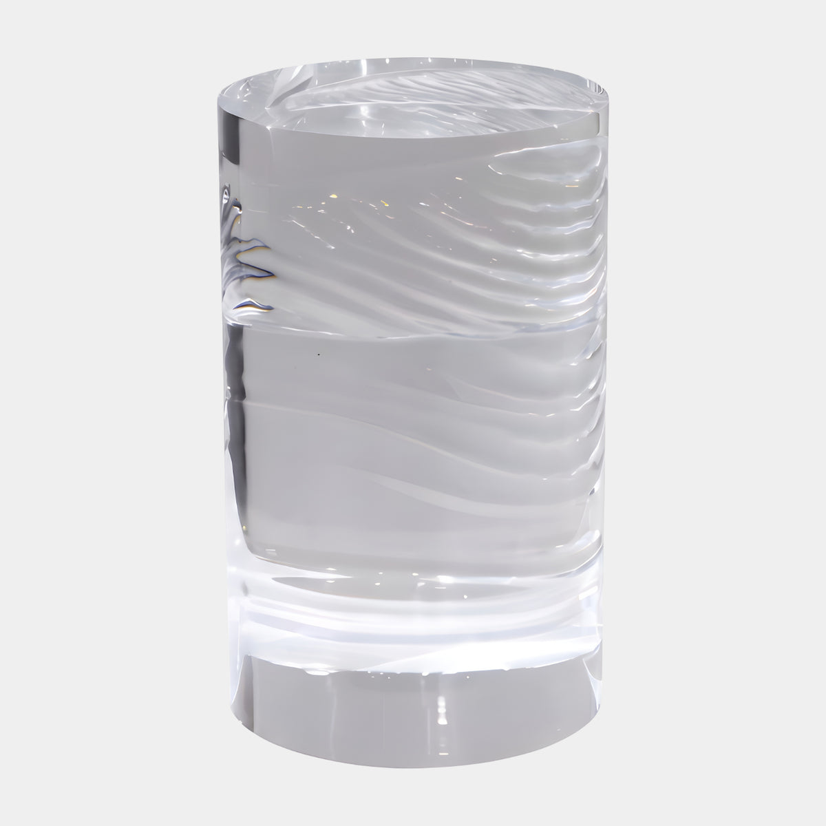 Clear Wave-Banded Machined Resin Plinth, 48cm, cylindrical column with frosted wave bands and polished flat top, shown on a plain white background.