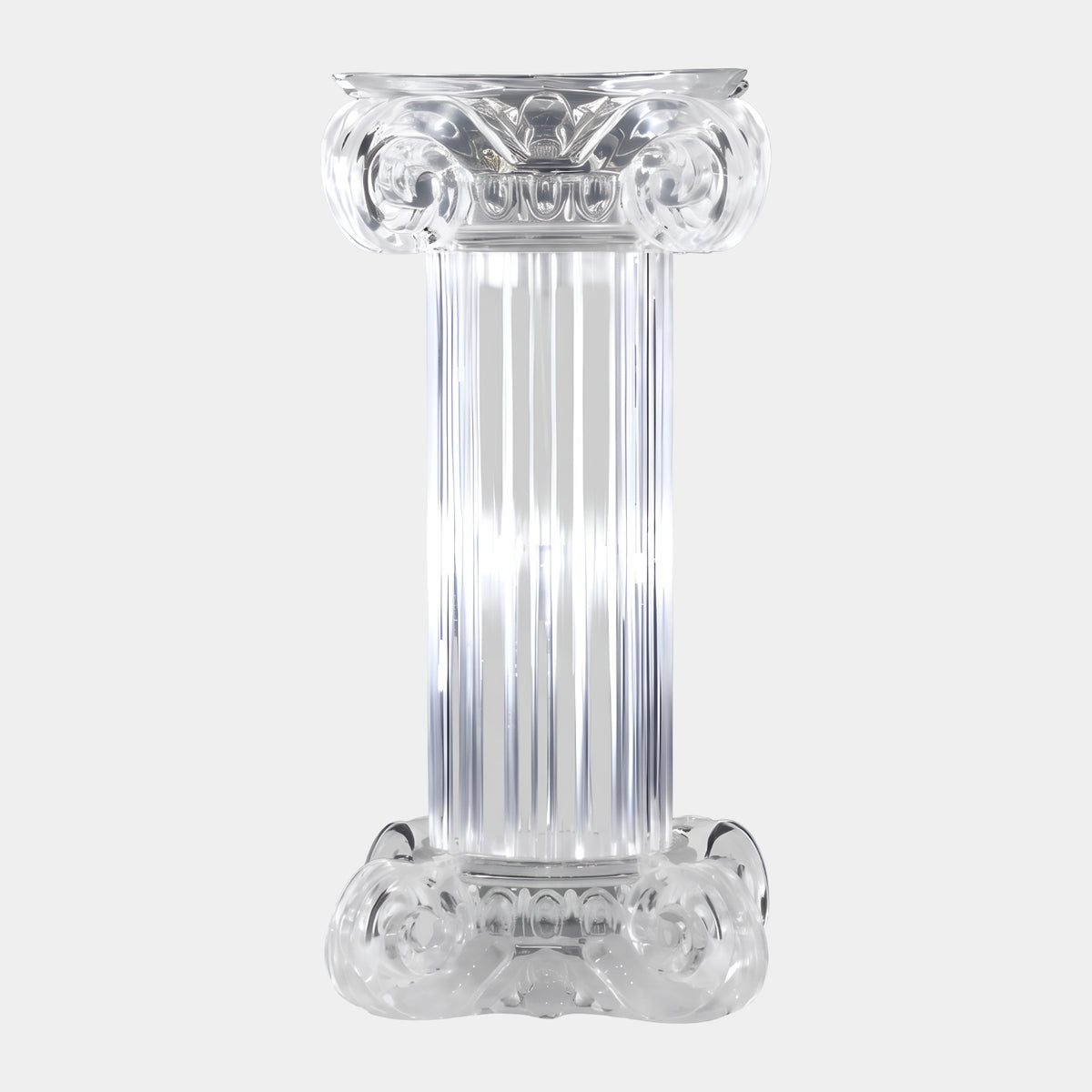 Clear Fluted Ionic Column Acrylic Plinth (84cm) with scrolled volute capital and moulded base, shown on a plain white background.