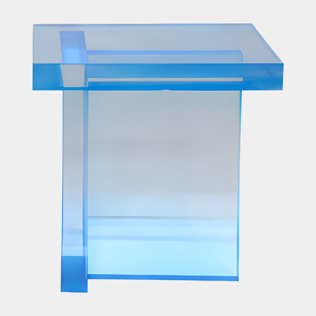 Blue Graded Channelled Cross-Panel Side Table (45cm) by Giant Sculptures, acrylic slab top with channel cut, cross-panel base, blue fading to clear, on a plain white background.