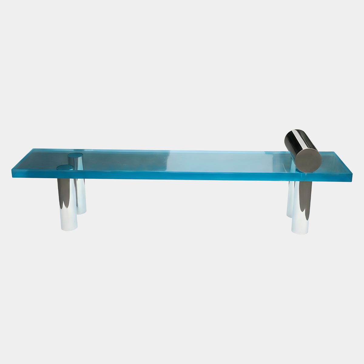 Teal Slab Acrylic Bench on Chrome Cylinders, 200cm, with a mirrored cylinder resting atop one end, shown on a plain white background.
