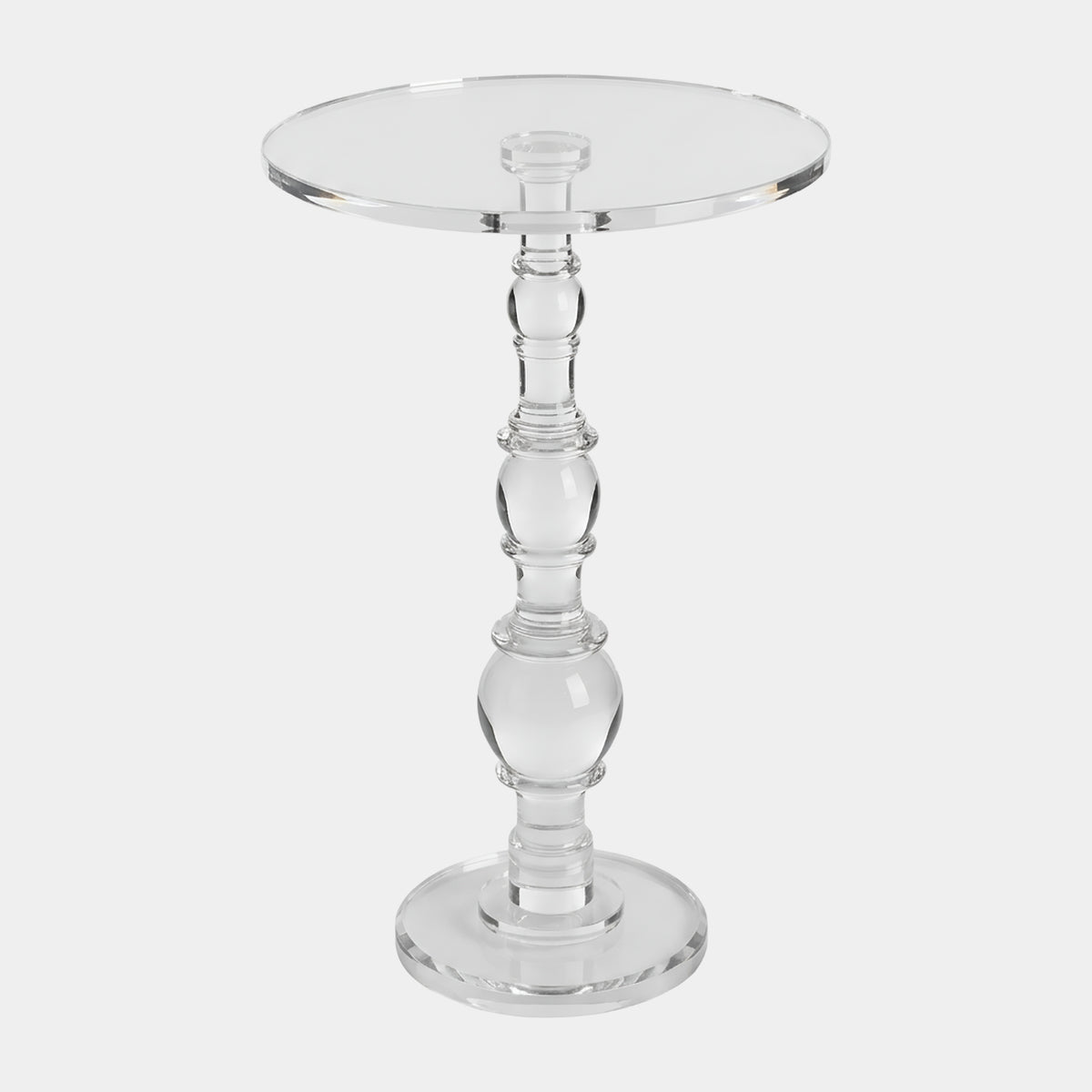Clear Turned Baluster Stem Acrylic Side Table, 80cm, with graduated spherical column and round base, shown on a plain white background.