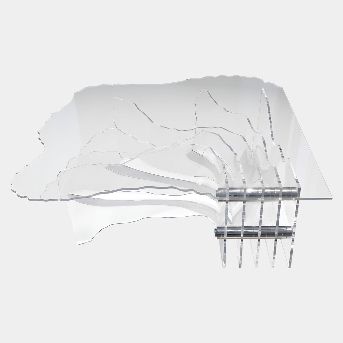Clear Mountain Ridge Base Acrylic Coffee Table (125cm) by Giant Sculptures, clear acrylic top with irregular edge atop ridge-profile sheets on steel rods, plain white background.