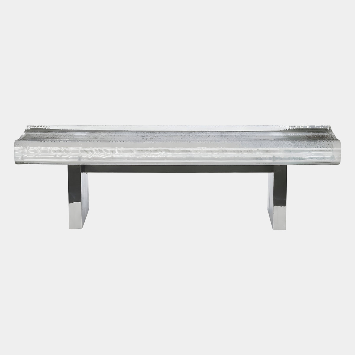 Clear Trough Panel Bench on a Chromed Trestle, 150cm, with a dished acrylic seat and chrome legs, shown against a plain white background.