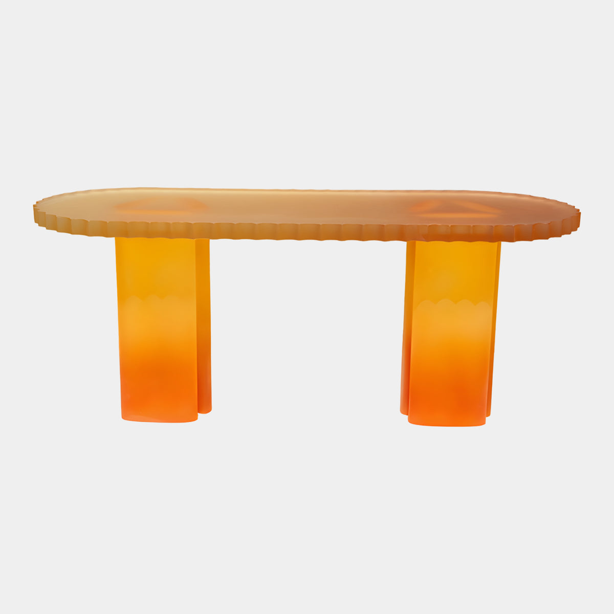 Orange Graded Scalloped Oval Acrylic Console, 180cm, with a frosted scalloped-edge oval top on two curved slab legs, graded pale amber to orange, shown on a plain white background.