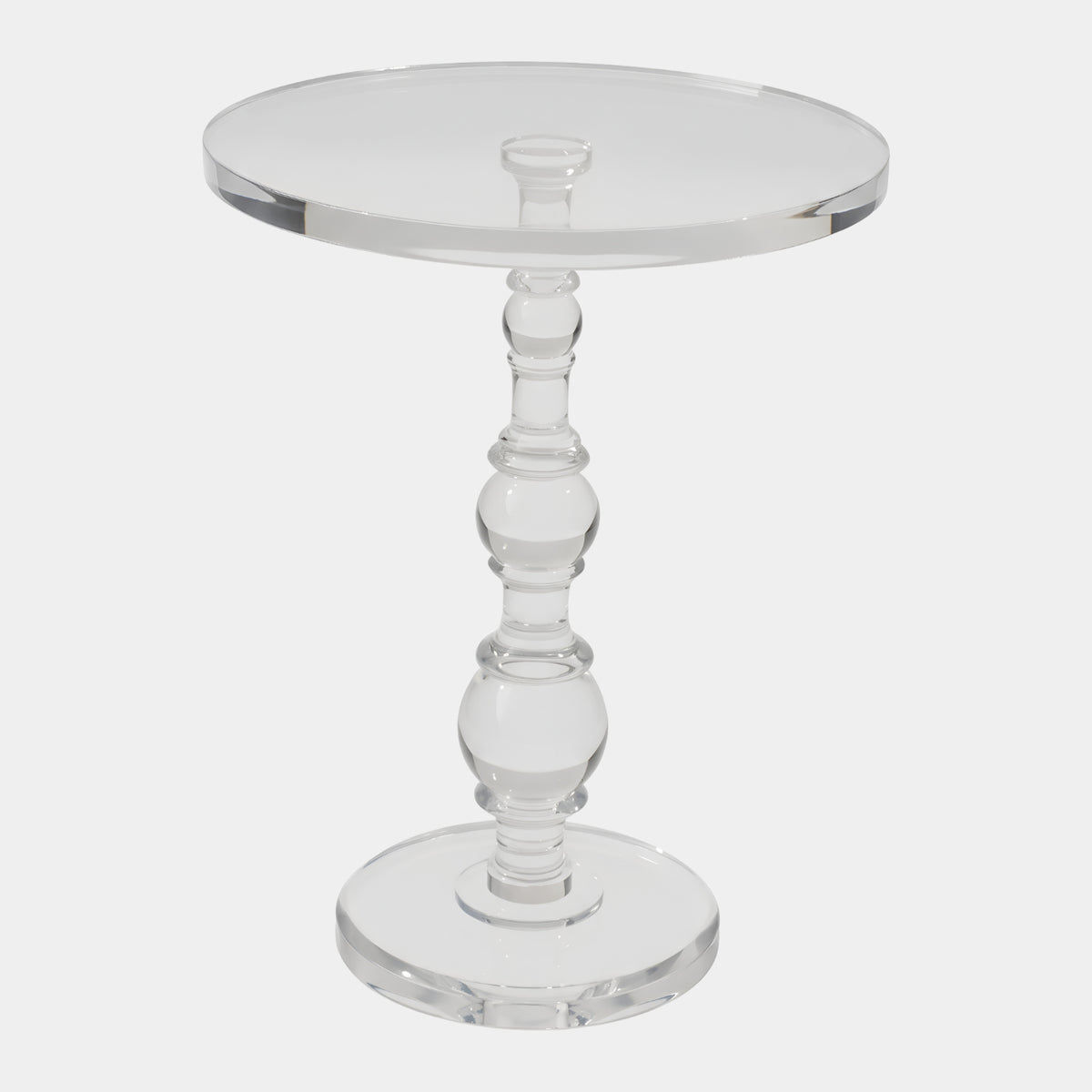 Clear Turned Bead Stem Acrylic Side Table - 47cm with round disc top and stepped foot, shown on a plain white background.