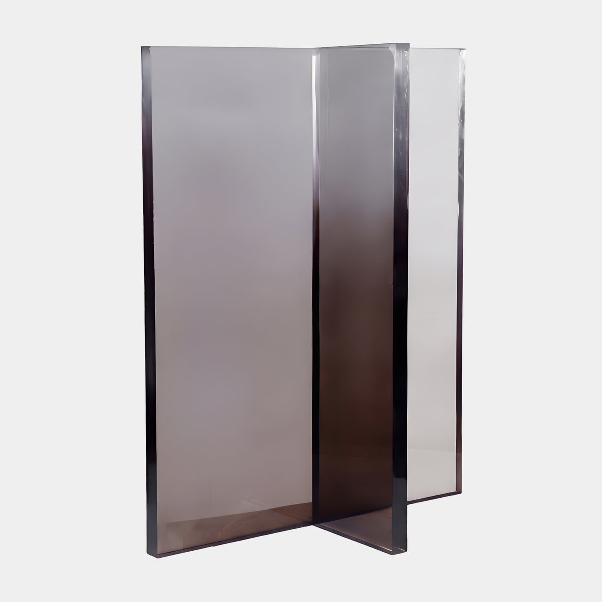 Smoke-Tinted Crossed Panel Acrylic Screen (75cm) by Giant Sculptures, two brown-toned acrylic panels crossed at right angles, standing freely on a plain white background.
