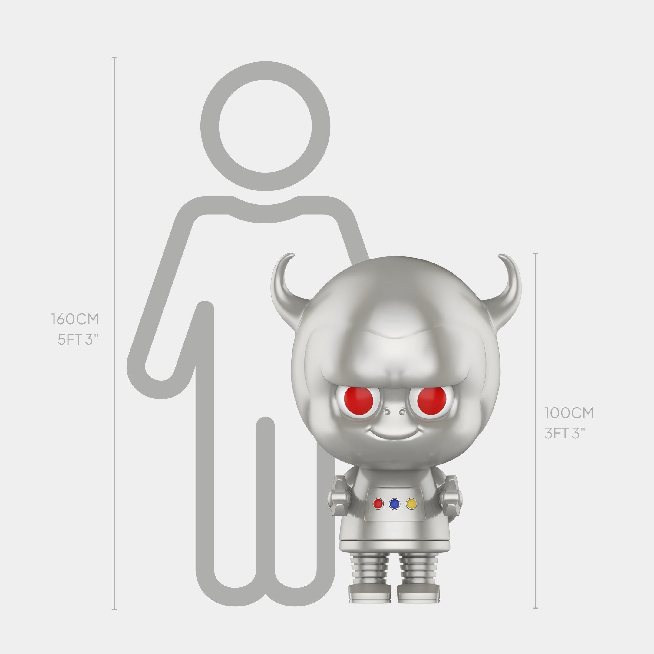 The Space Yaya Robot Labubu Sculpture - 100cm by Giant Sculptures features a shiny silver robot with red eyes, horns, and colorful buttons. It stands before a gray human outline, highlighting its 100 cm height next to a person of 160 cm.