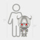 The Space Yaya Robot Labubu Sculpture - 100cm by Giant Sculptures features a shiny silver robot with red eyes, horns, and colorful buttons. It stands before a gray human outline, highlighting its 100 cm height next to a person of 160 cm.