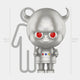 The 160cm Space Yaya Robot Labubu Sculpture by Giant Sculptures features a shiny silver body, red eyes, horn-like ears, a smiling face, and chest buttons, standing tall with futuristic charm before a human silhouette.