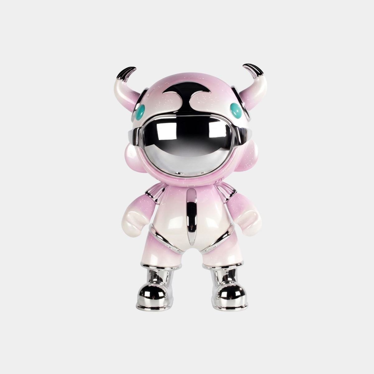 The Blush Pink Suit Astro Devil Figure - 48cm by Giant Sculptures features a shiny blush pink and silver body, green eyes, and small horns—an adorable cartoon-style decorative piece ideal for contemporary spaces.