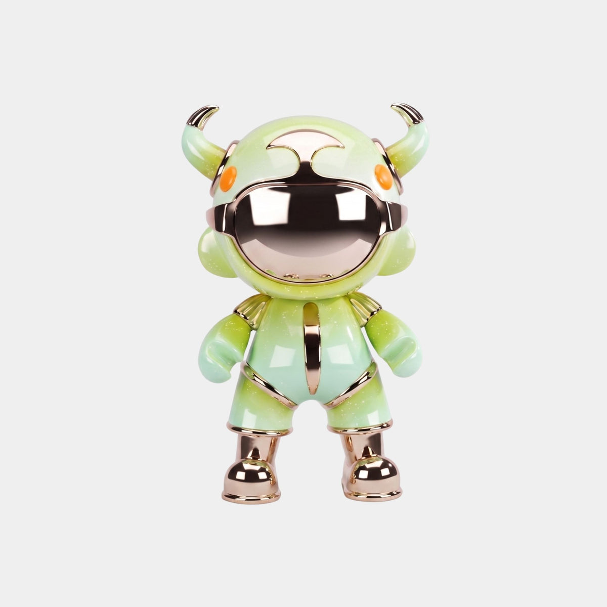 The Mint Green Suit Astro Devil Figure - 48cm by Giant Sculptures features a reflective silver faceplate, orange eyes, black-tipped horns, and metallic gold accents on its hands, feet, and joints, posed against a plain white background.
