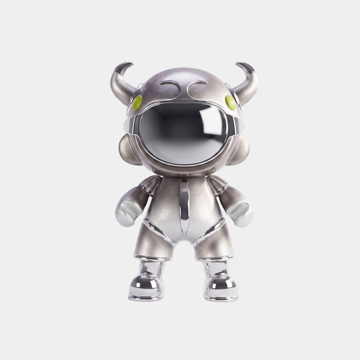 The Platinum Suit Astro Devil Figure - 48cm by Giant Sculptures features a shiny, metallic finish, bull-like horns, green eyes, and round details. It stands upright with a mirrored visor against a plain white background.