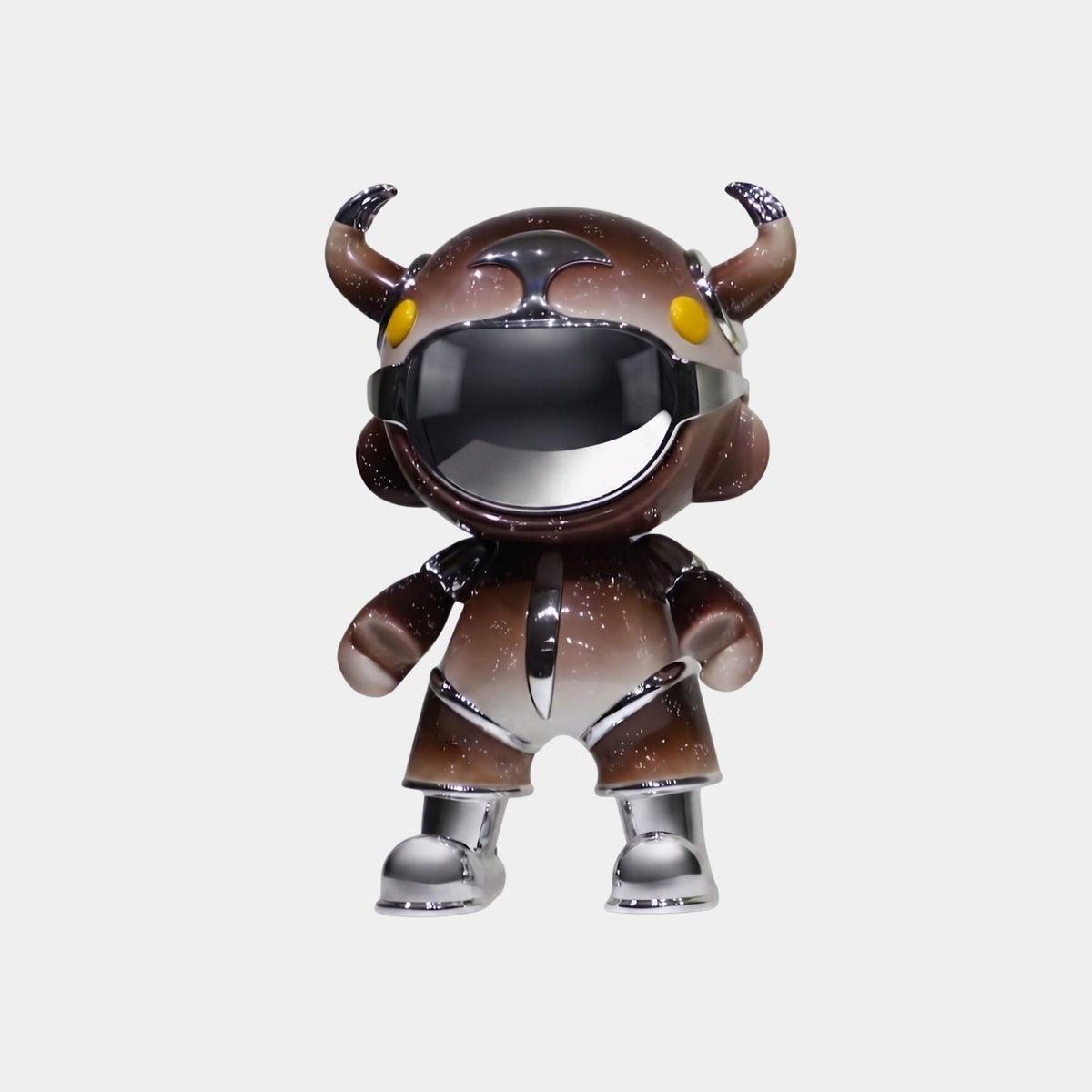 The Deep Brown Suit Astro Devil Figure by Giant Sculptures stands upright against a plain white background, featuring shiny brown and silver details, yellow eyes, a wide mirrored visor, and horns on its head. Height: 48cm.