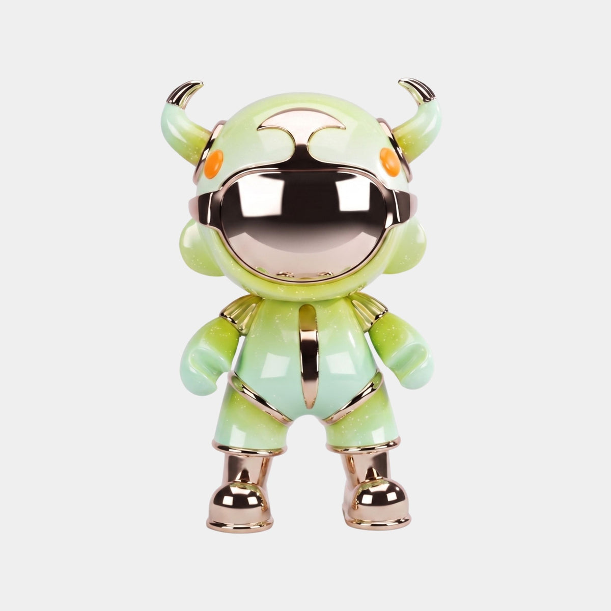 The Mint Green Suit Astro Devil Sculpture (80cm) by Giant Sculptures is a shiny green and silver humanoid figure with a mirrored chrome visor, orange eyes, and two horn-like structures, set against a plain white background.