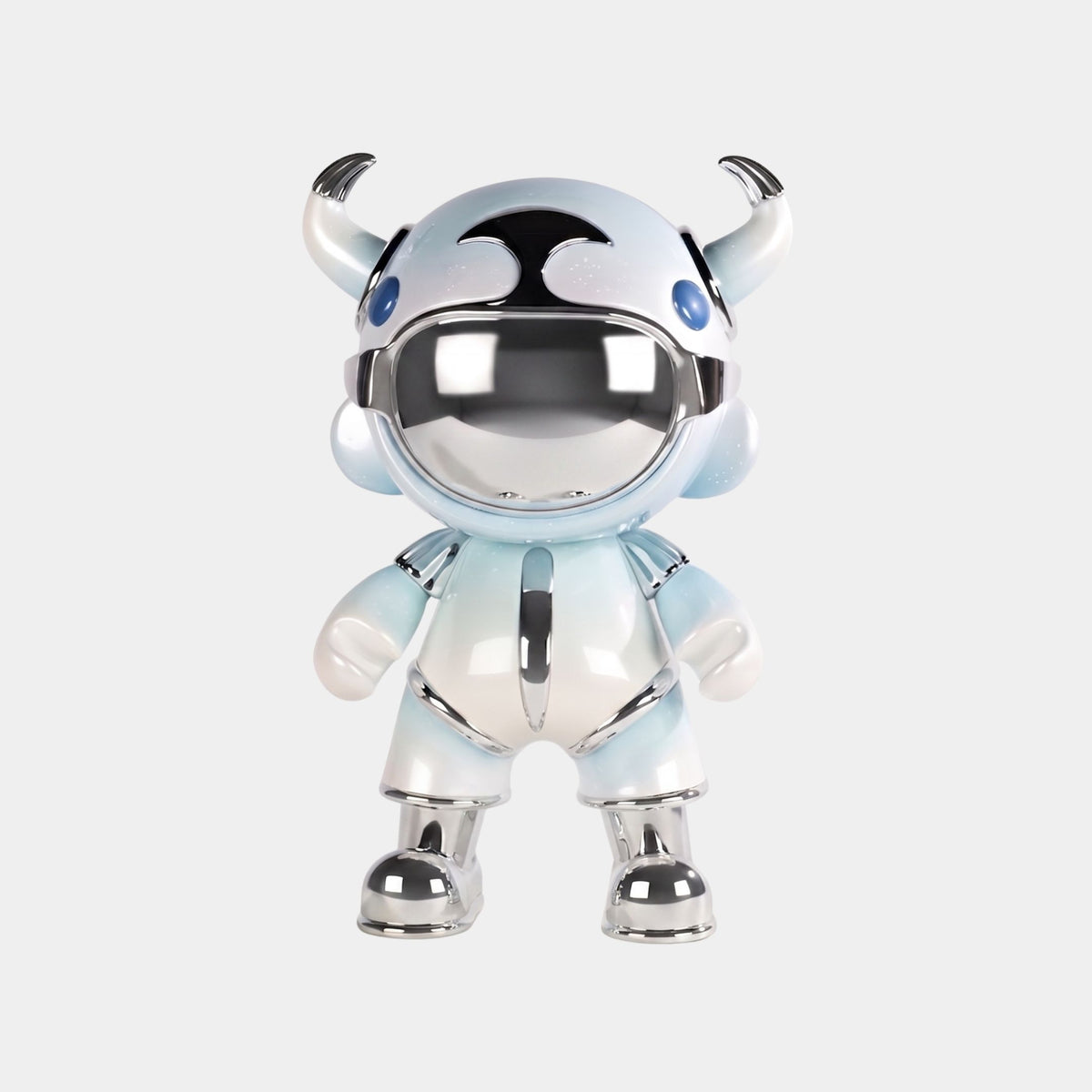 The Giant Sculptures Sky Blue Suit Astro Devil Sculpture (80cm) features a metallic, futuristic toy figure with a mirrored chrome visor and horned helmet, standing against a plain light background.