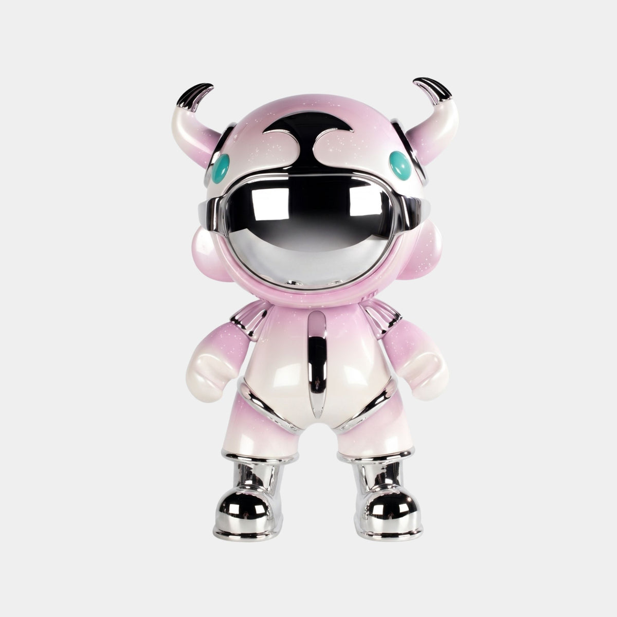 The Blush Pink Suit Astro Devil Sculpture - 80cm by Giant Sculptures features a chrome faceplate, silver hands and feet, small horns, teal eyes, and stands upright on a plain white background—a bold contemporary decor piece.