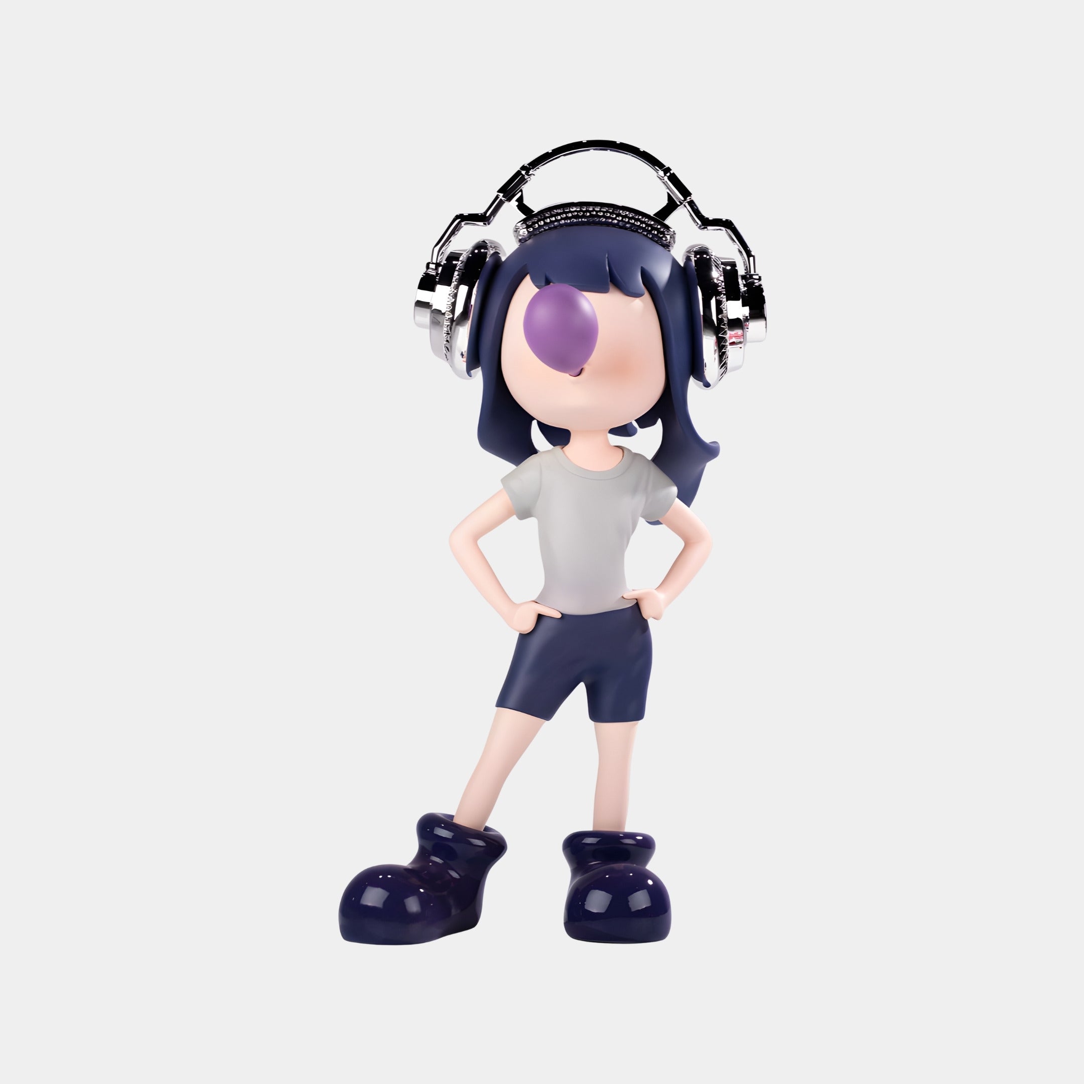 The Midnight Pop Vibella Chrome Headset Figure (60cm) by Giant Sculptures features a blue-haired cartoon character with a chrome headset, blowing bubblegum, in grey shirt, blue shorts, and metallic-accented shoes on a white background.