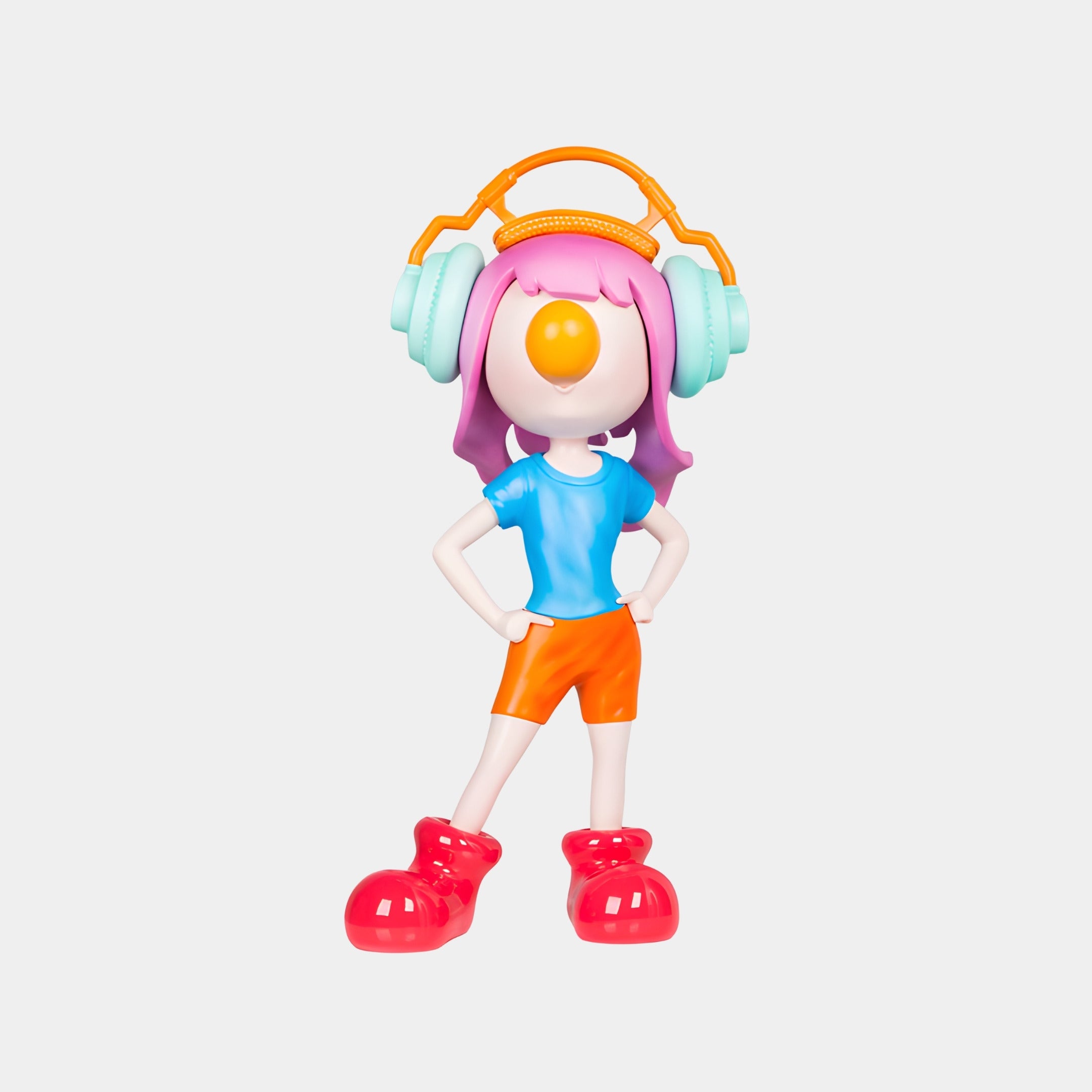 The Candy Pop Vibella Headphone Figure - 60cm by Giant Sculptures features a pink-haired cartoon character with mint green headphones and bold colors—an ideal playful decor piece for any modern space.
