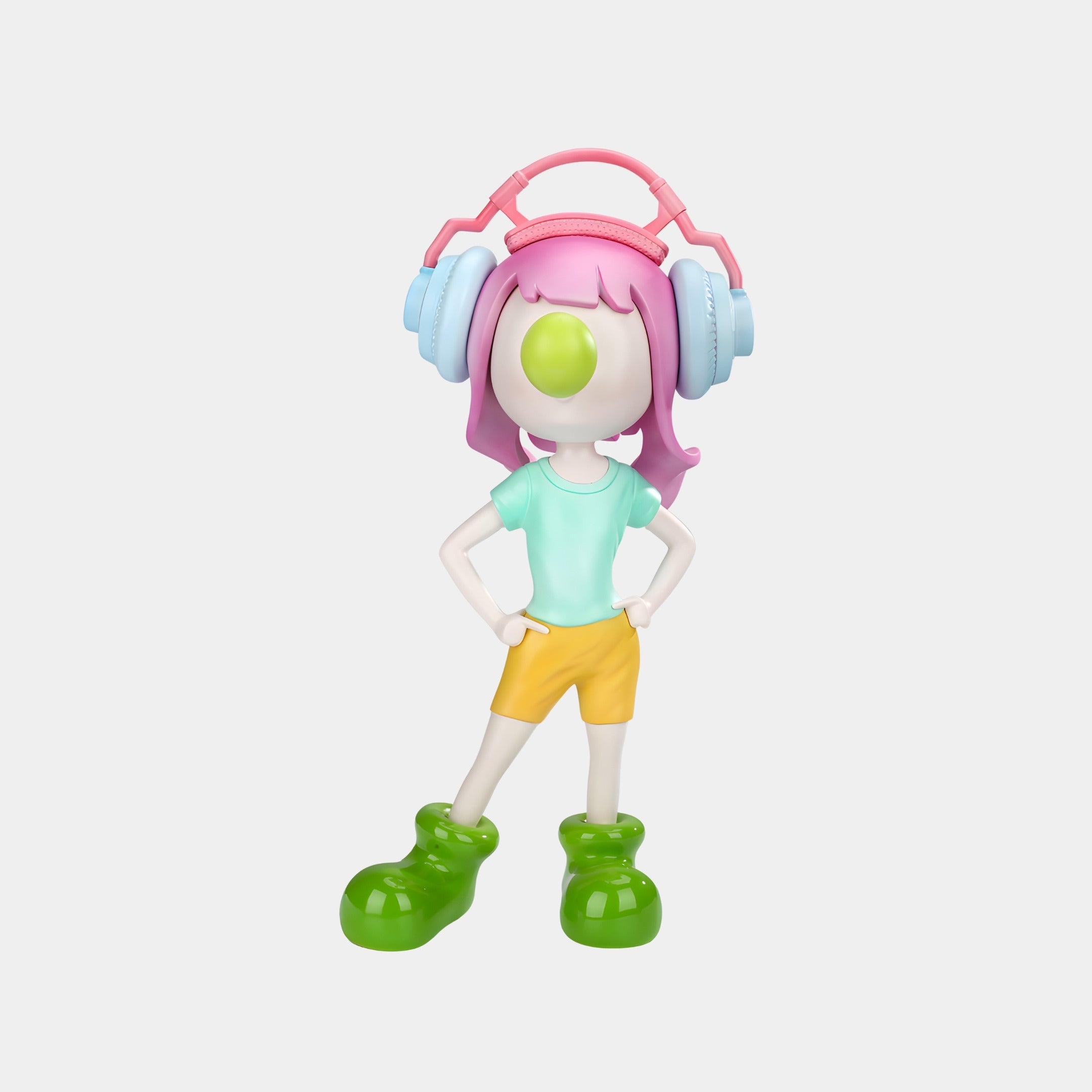 A playful character with pink hair, blue headphones, and bold colors stands confidently—capturing the fun design of the 60cm Lime Pop Vibella Headphone Figure by Giant Sculptures.